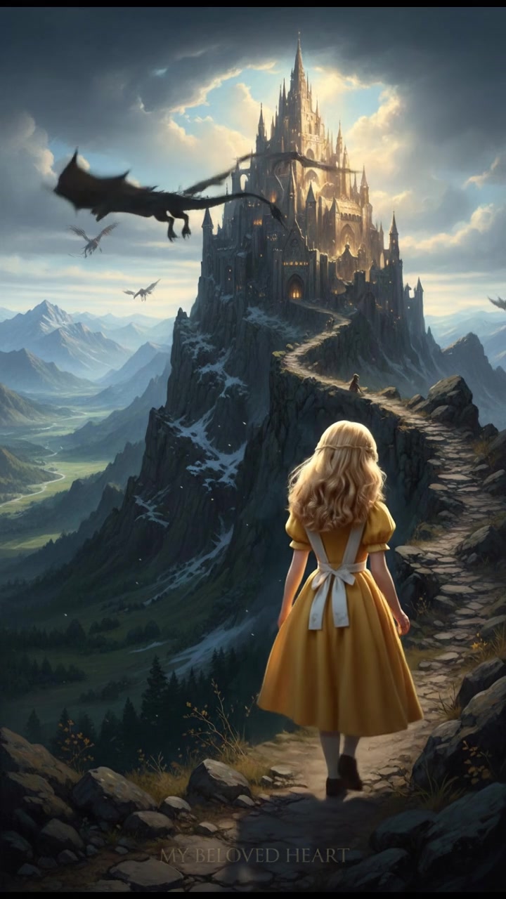 climbing a tall mountain toward a shining castle where their love is kept