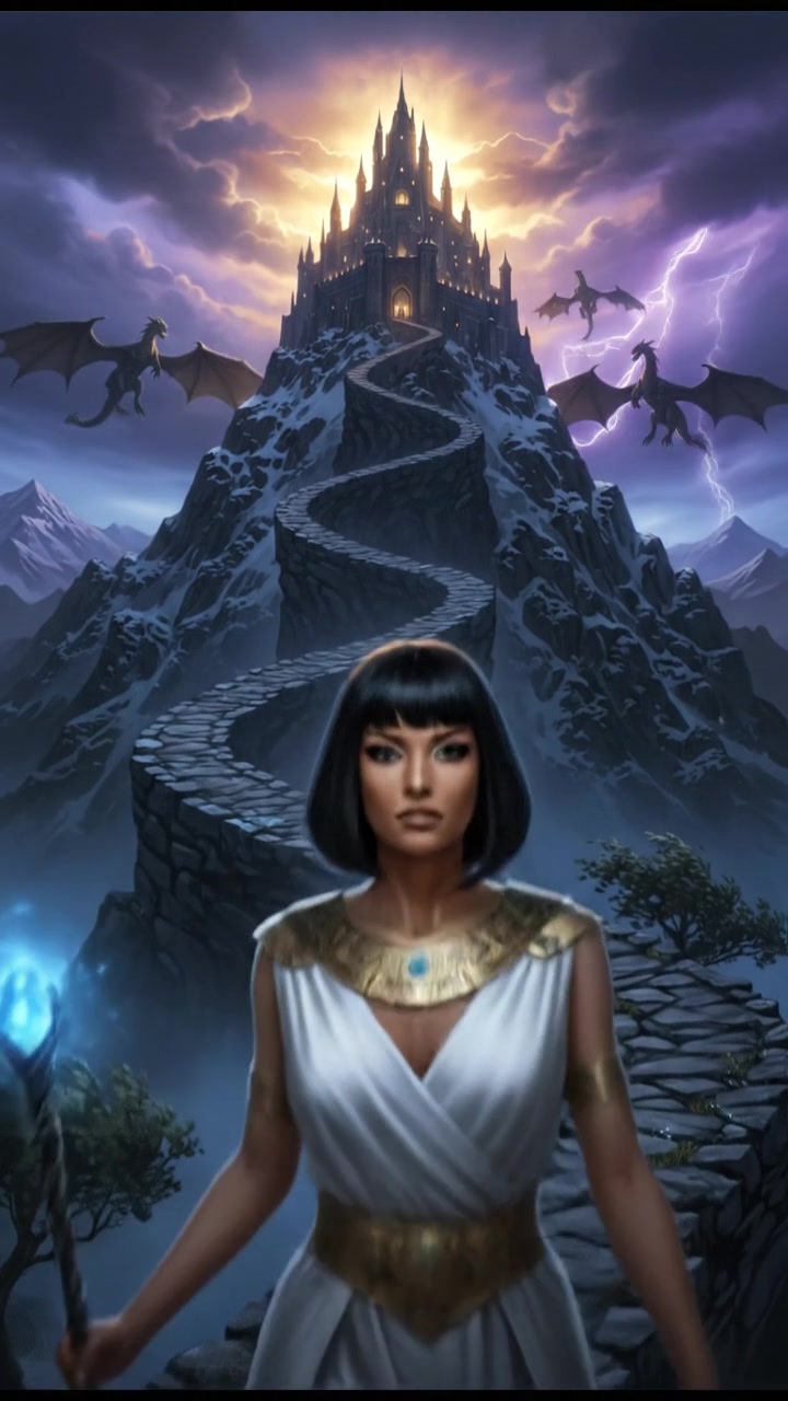 climbing a tall mountain toward a shining castle where their love is kept