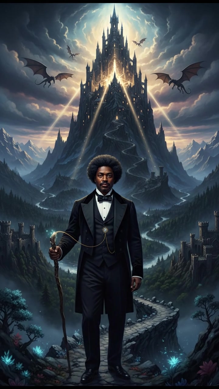 climbing a tall mountain toward a shining castle where their love is kept