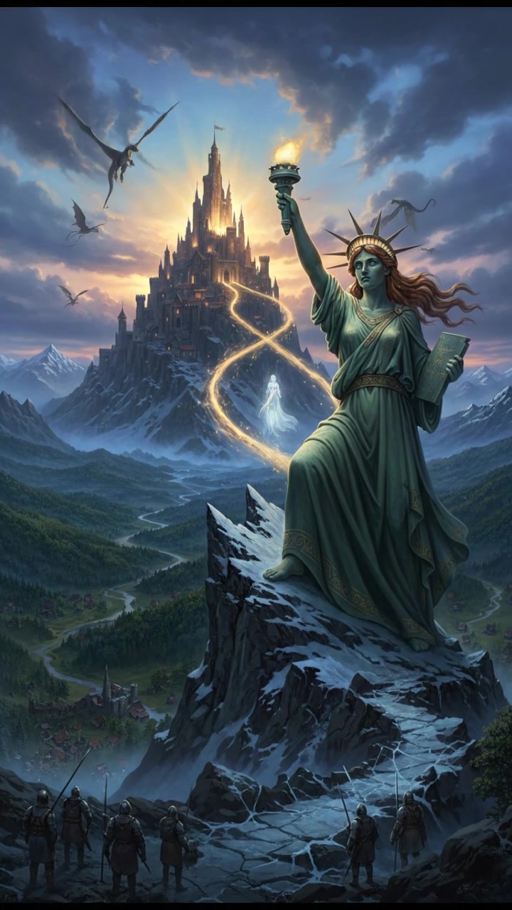 climbing a tall mountain toward a shining castle where their love is kept