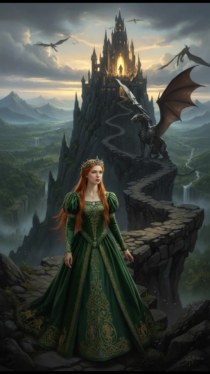 climbing a tall mountain toward a shining castle where their love is kept