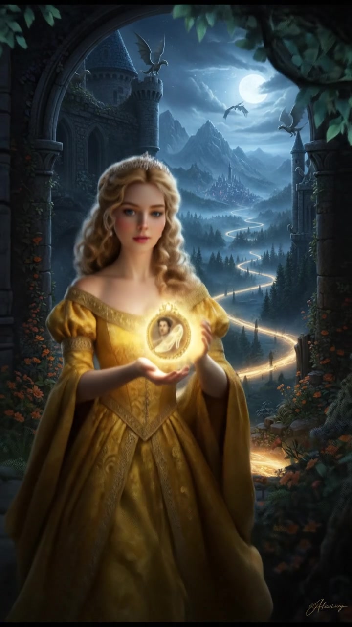 holding a glowing token or locket that leads them toward their lost love