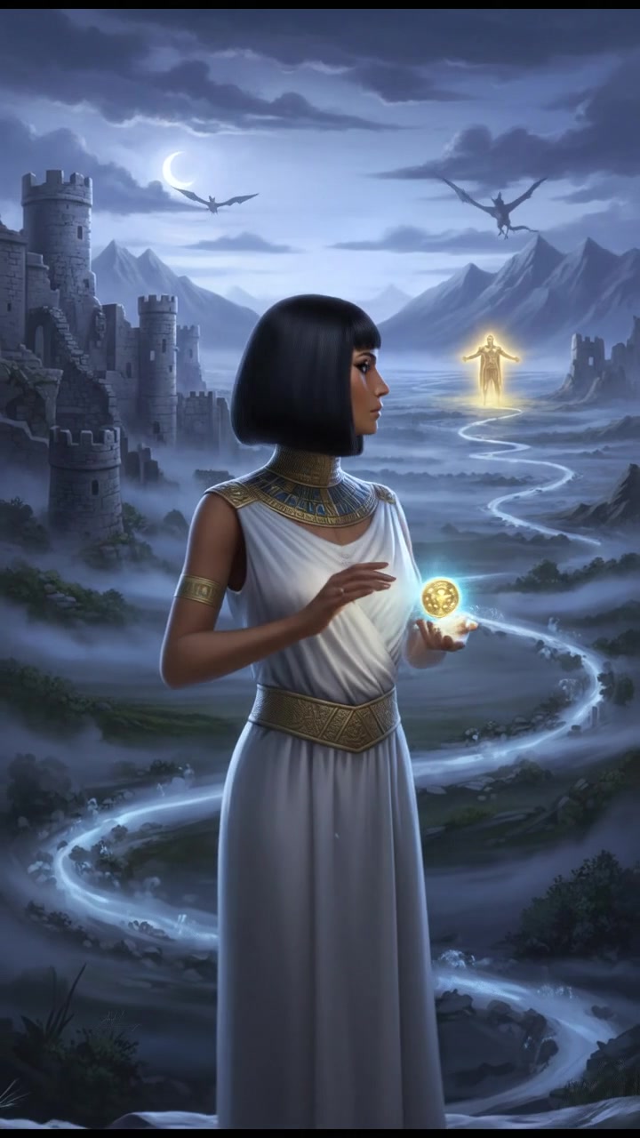 holding a glowing token or locket that leads them toward their lost love