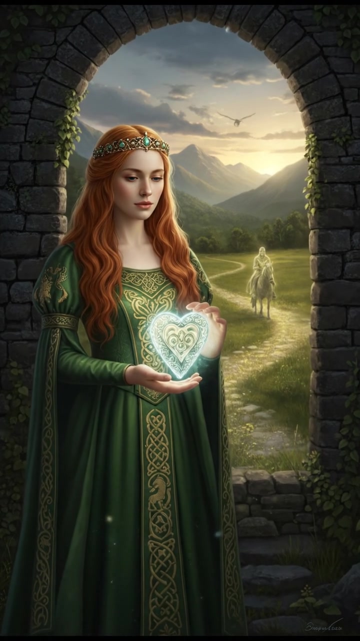 holding a glowing token or locket that leads them toward their lost love