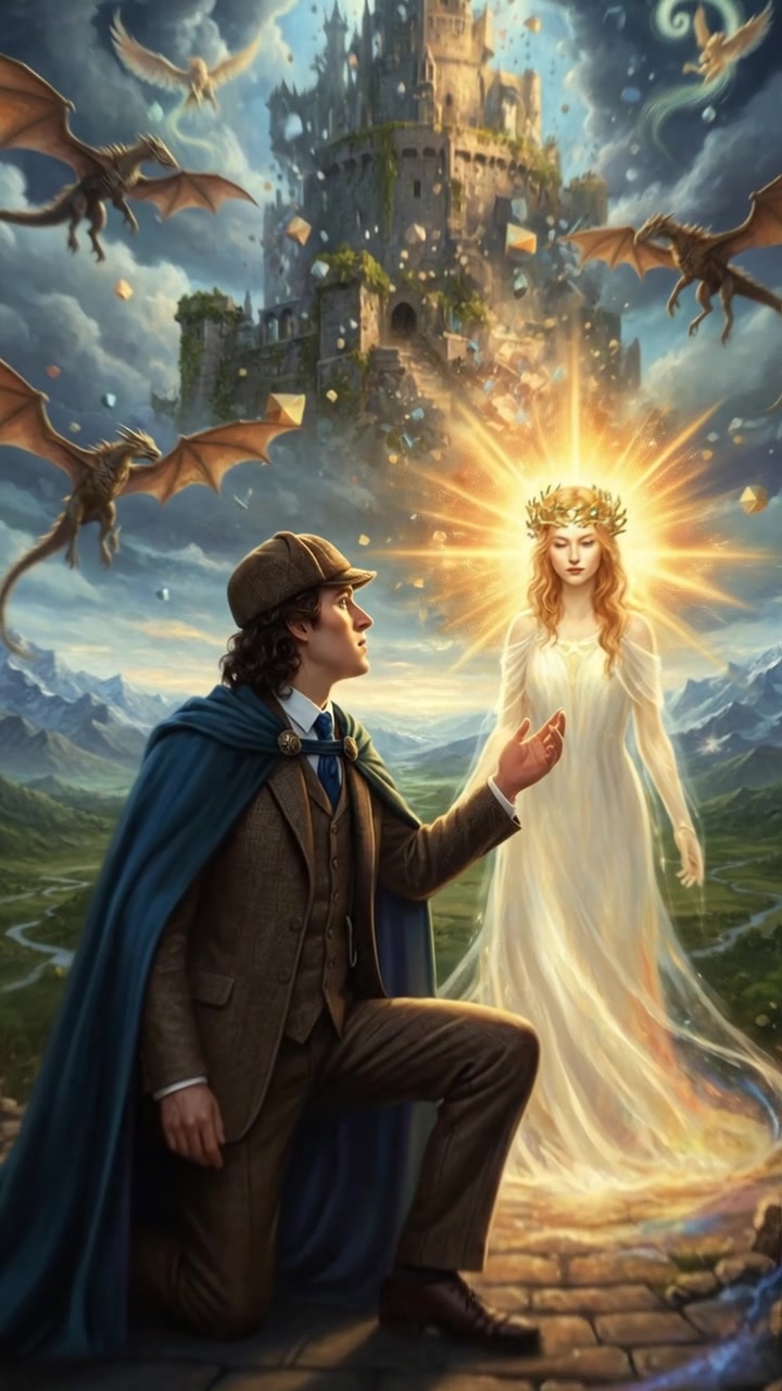 finally reaching their beloved surrounded by light, the world shifting around them