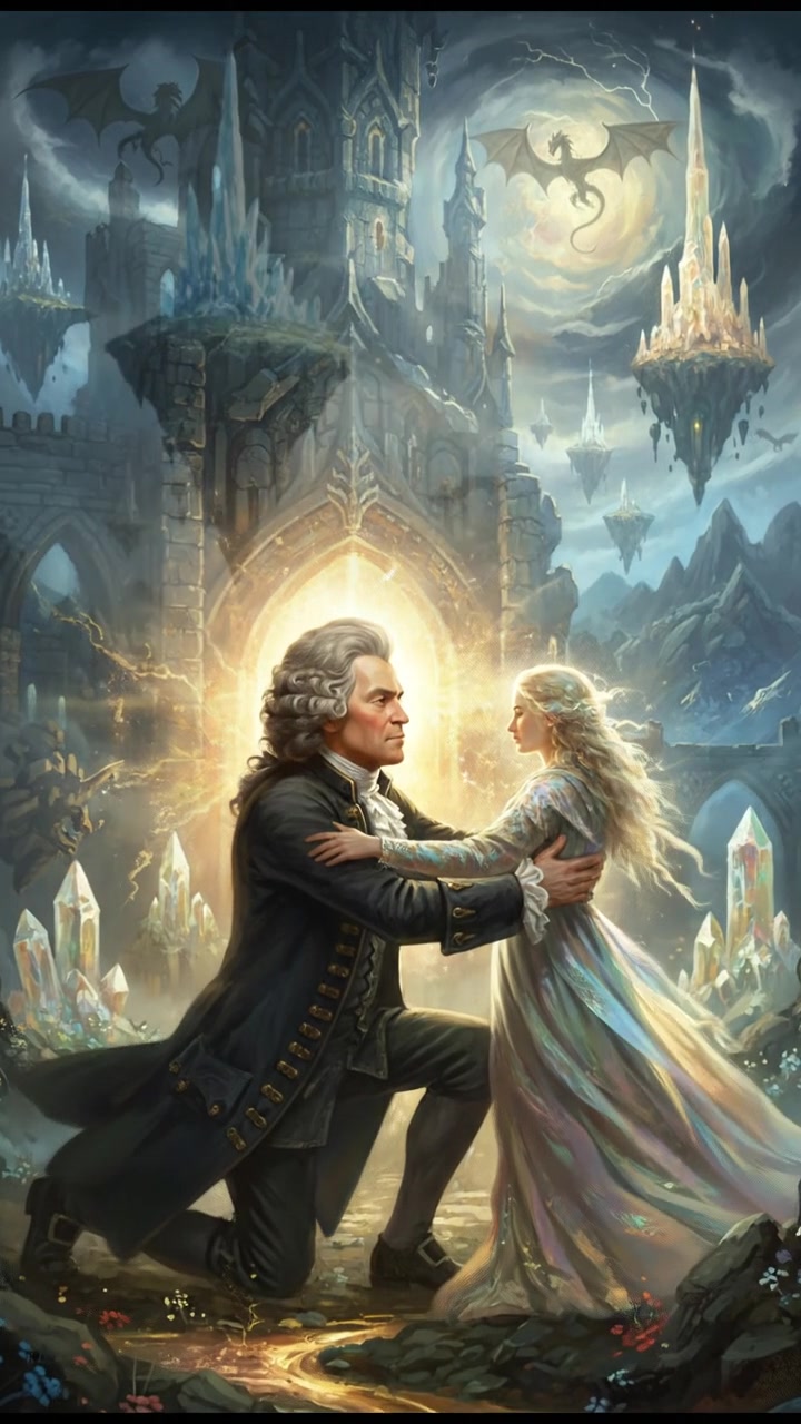 finally reaching their beloved surrounded by light, the world shifting around them