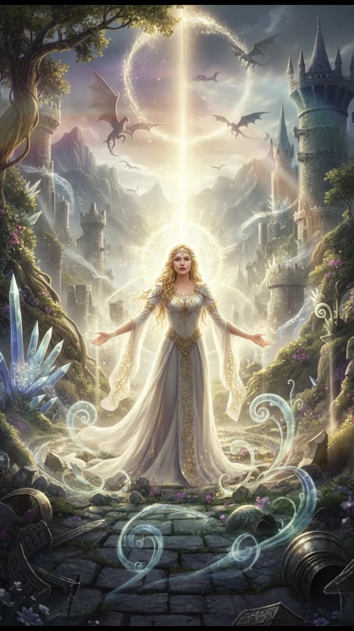 finally reaching their beloved surrounded by light, the world shifting around them