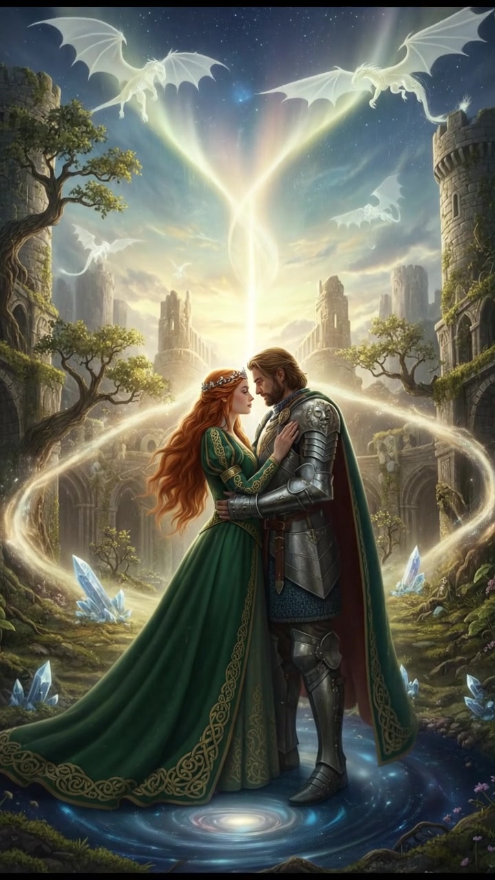 finally reaching their beloved surrounded by light, the world shifting around them