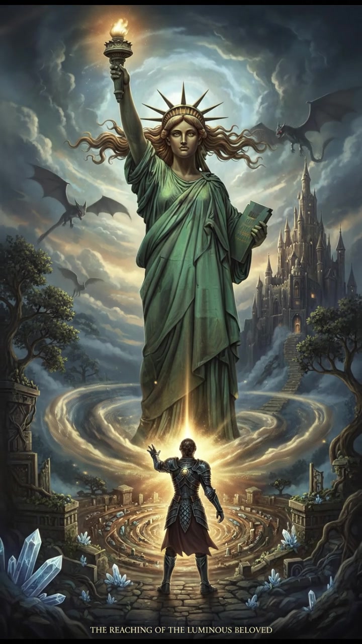 finally reaching their beloved surrounded by light, the world shifting around them