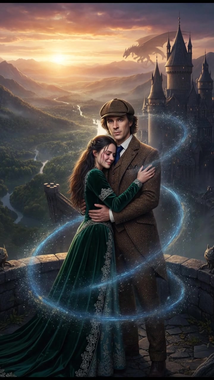 embracing at sunrise as the magic that separated them fades away