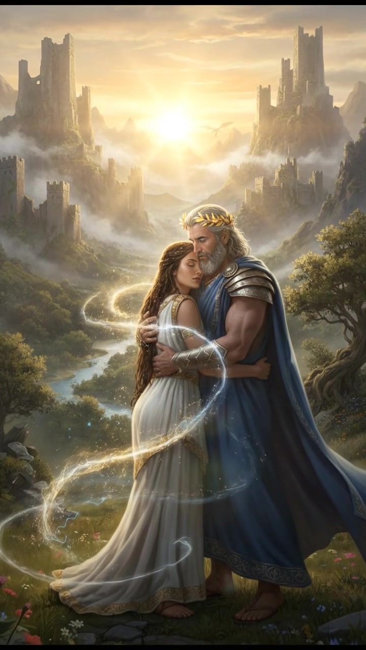 embracing at sunrise as the magic that separated them fades away