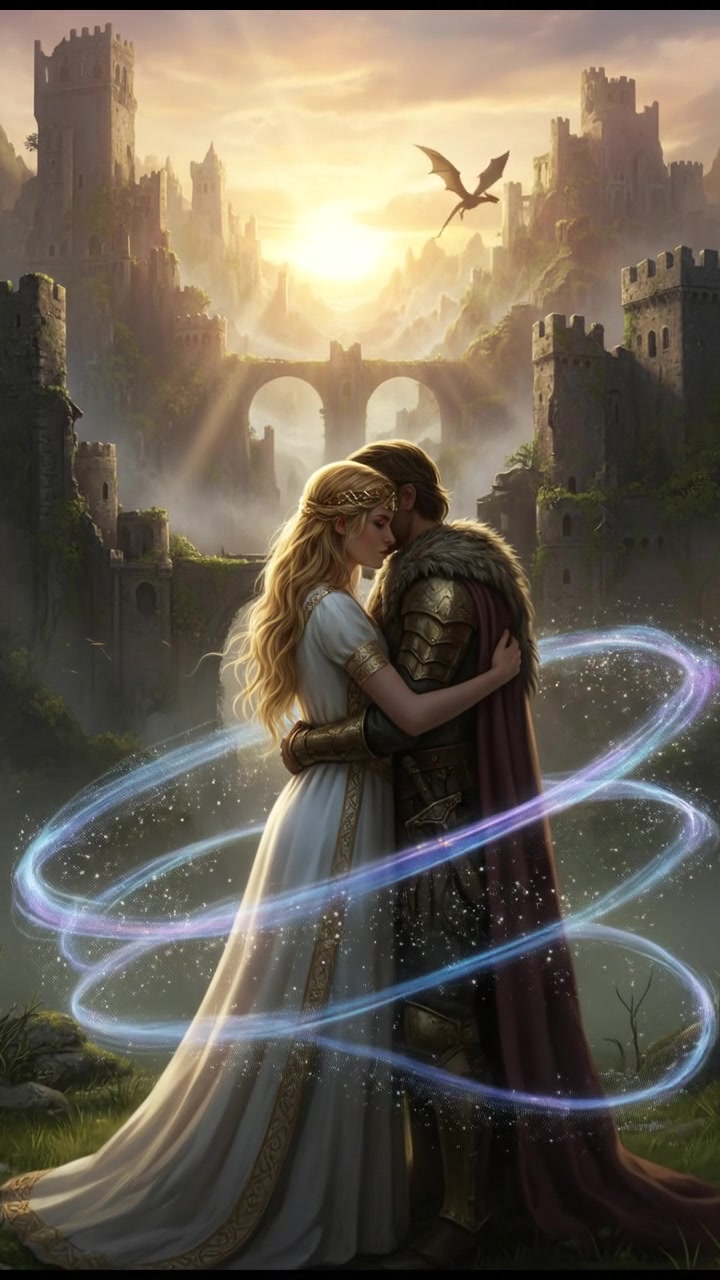 embracing at sunrise as the magic that separated them fades away