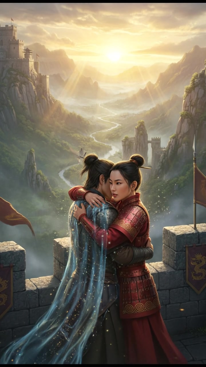 embracing at sunrise as the magic that separated them fades away