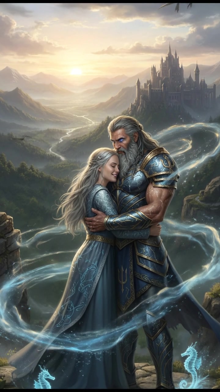 embracing at sunrise as the magic that separated them fades away