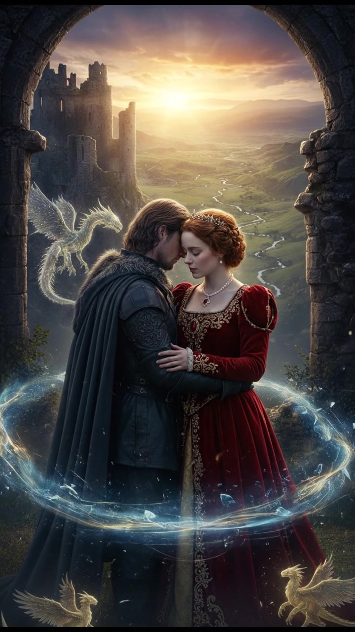 embracing at sunrise as the magic that separated them fades away