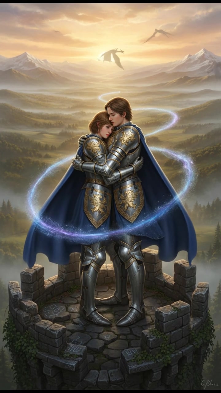 embracing at sunrise as the magic that separated them fades away