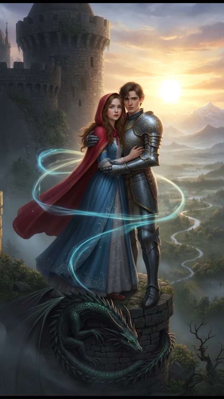 embracing at sunrise as the magic that separated them fades away