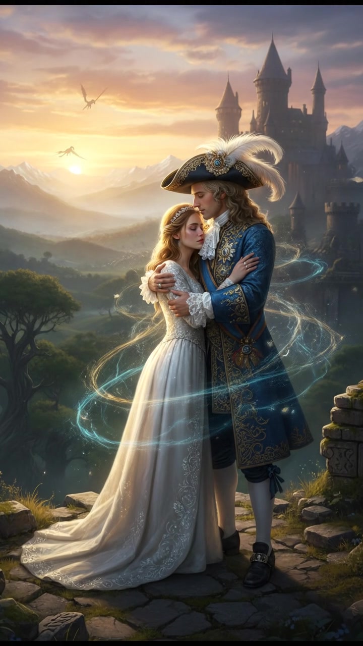 embracing at sunrise as the magic that separated them fades away