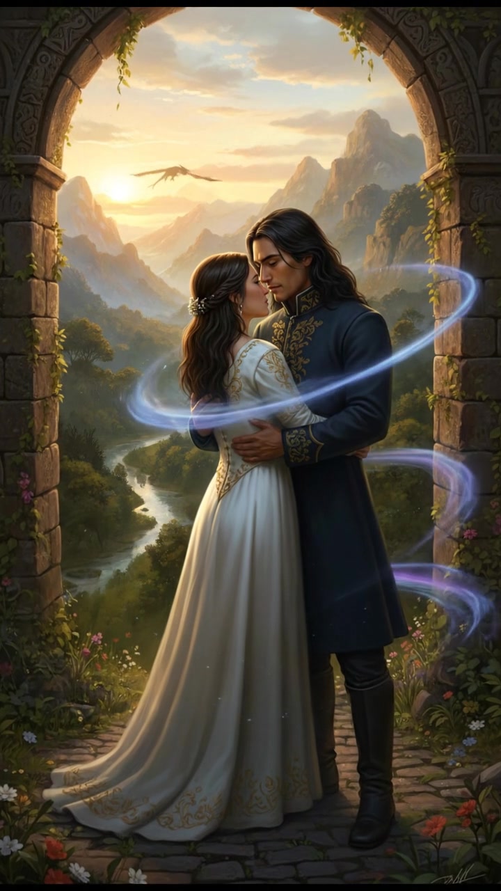 embracing at sunrise as the magic that separated them fades away