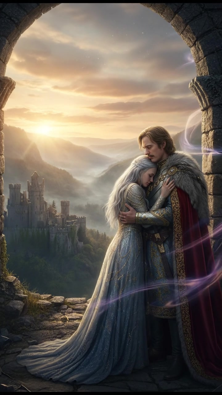 embracing at sunrise as the magic that separated them fades away