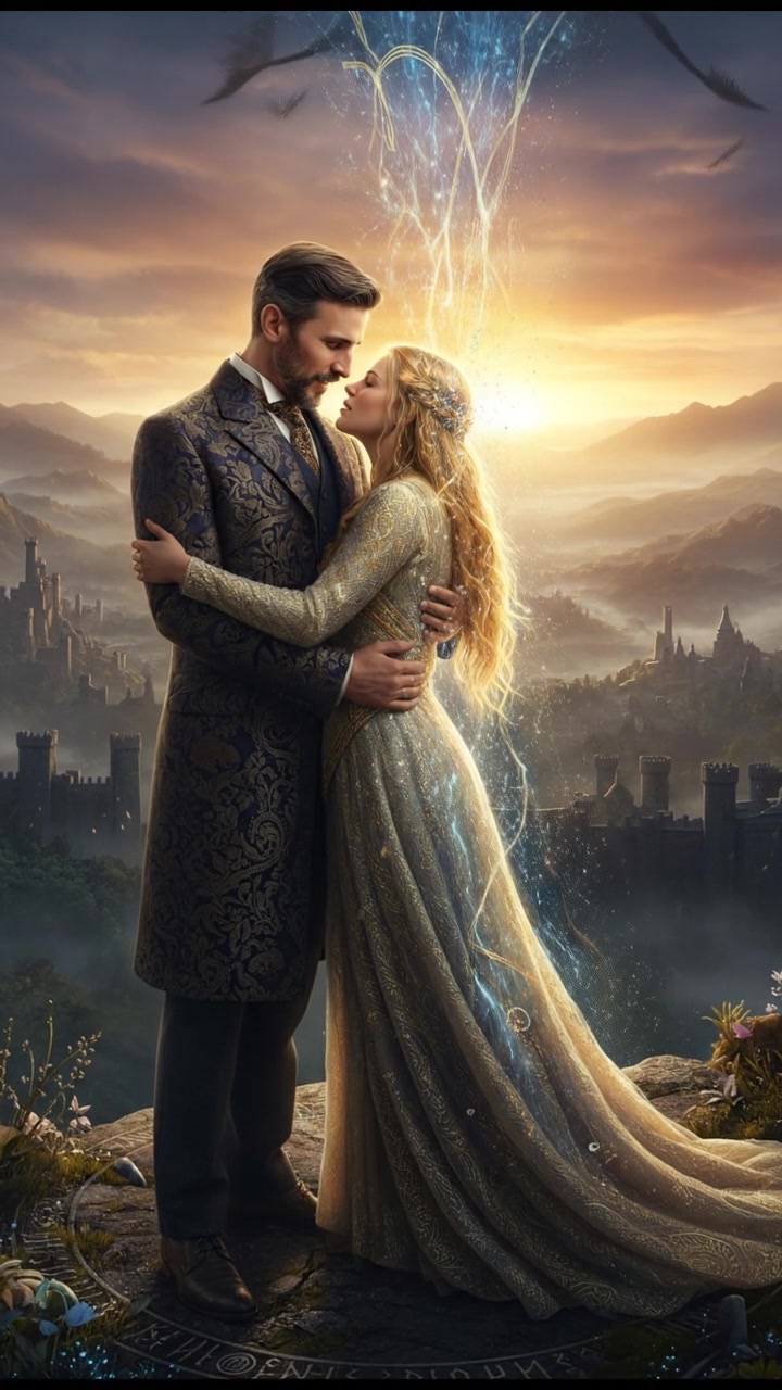 embracing at sunrise as the magic that separated them fades away