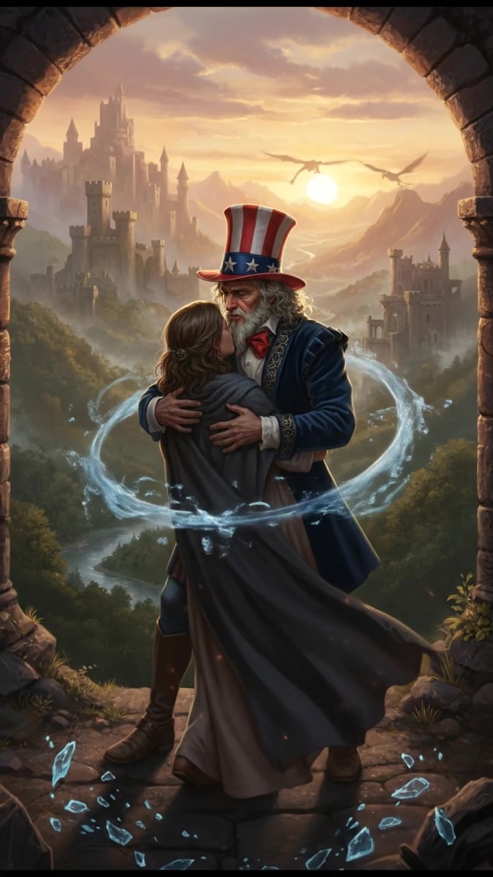 embracing at sunrise as the magic that separated them fades away