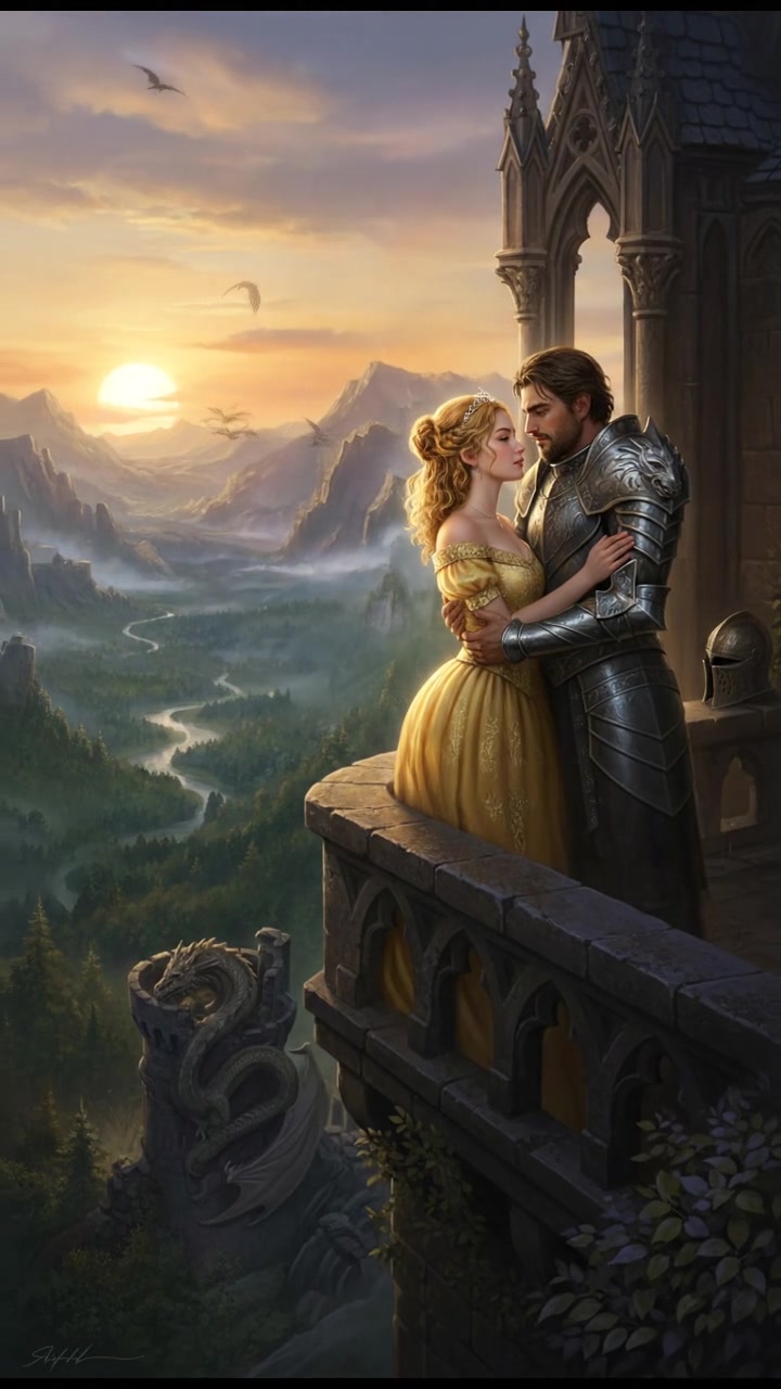 embracing at sunrise as the magic that separated them fades away