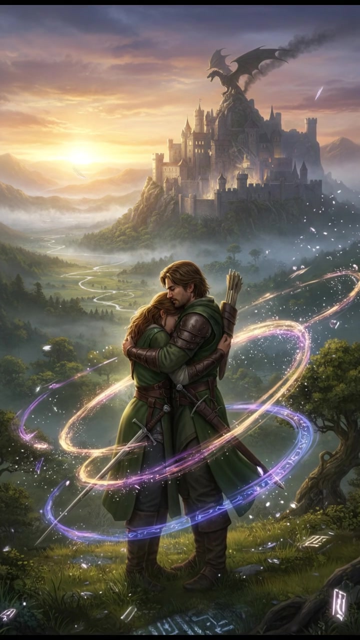 embracing at sunrise as the magic that separated them fades away