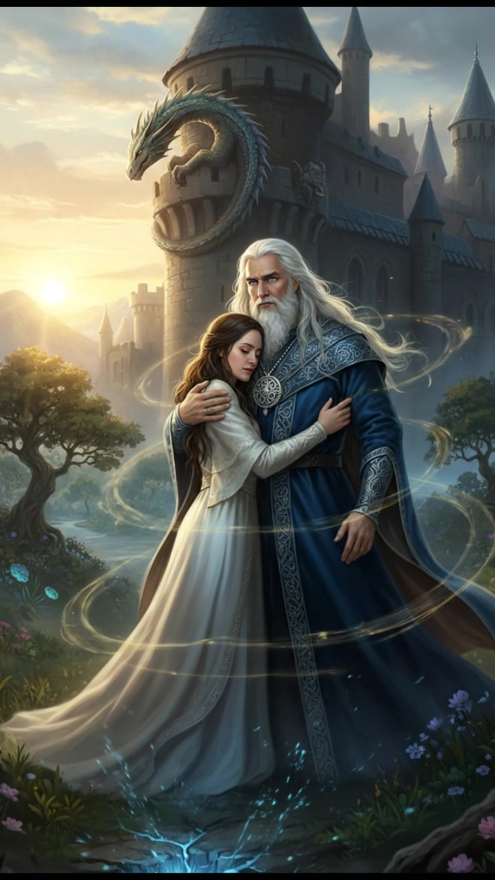 embracing at sunrise as the magic that separated them fades away