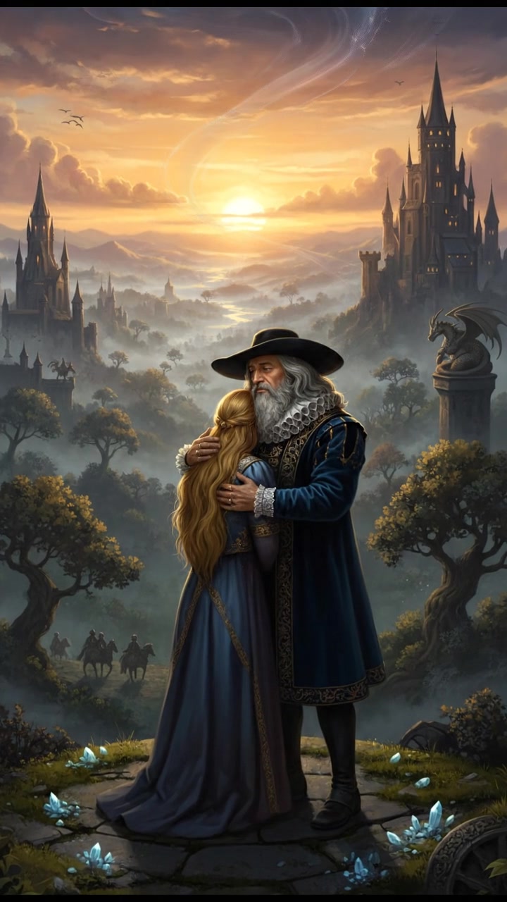 embracing at sunrise as the magic that separated them fades away