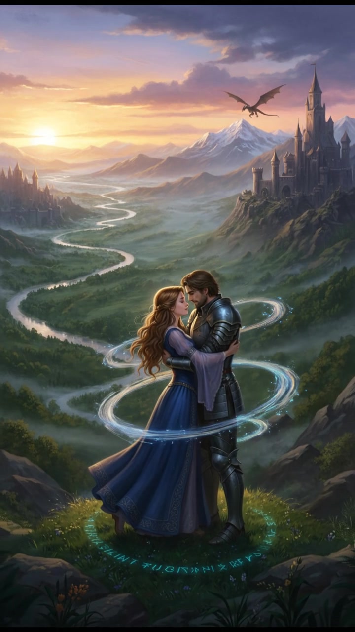 embracing at sunrise as the magic that separated them fades away