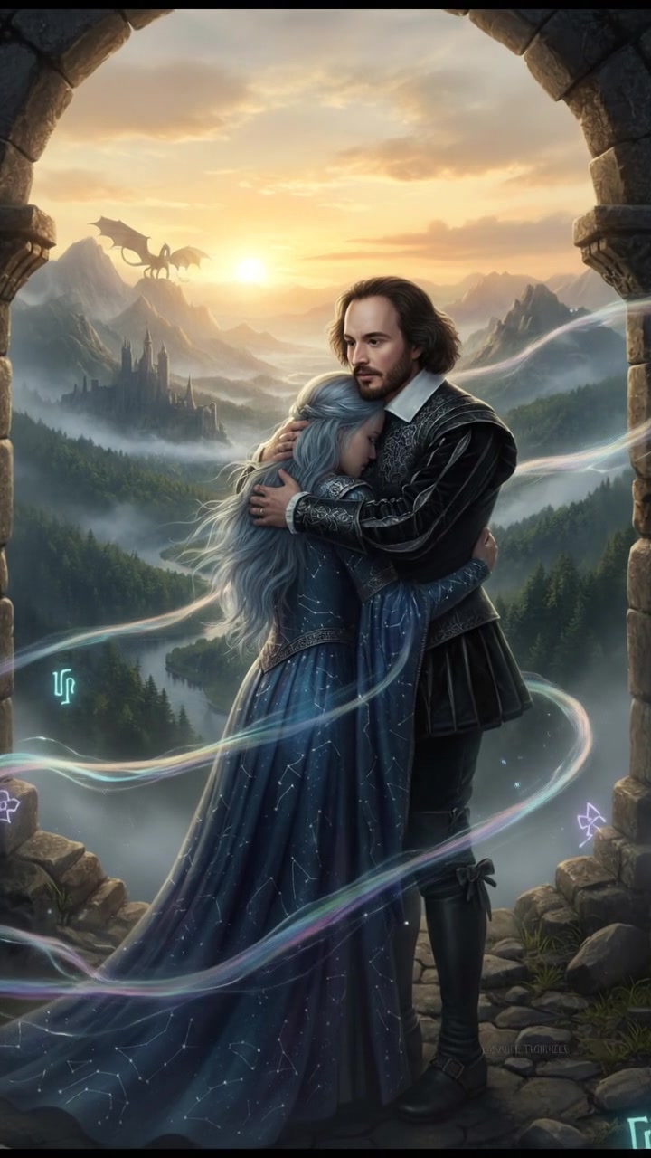 embracing at sunrise as the magic that separated them fades away