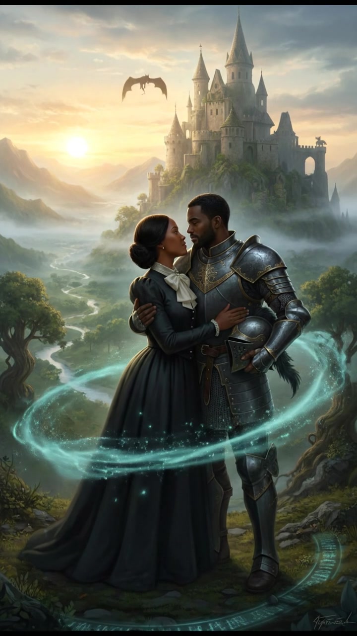 embracing at sunrise as the magic that separated them fades away