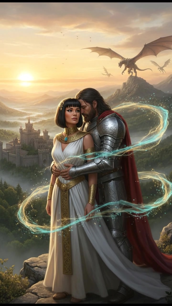 embracing at sunrise as the magic that separated them fades away