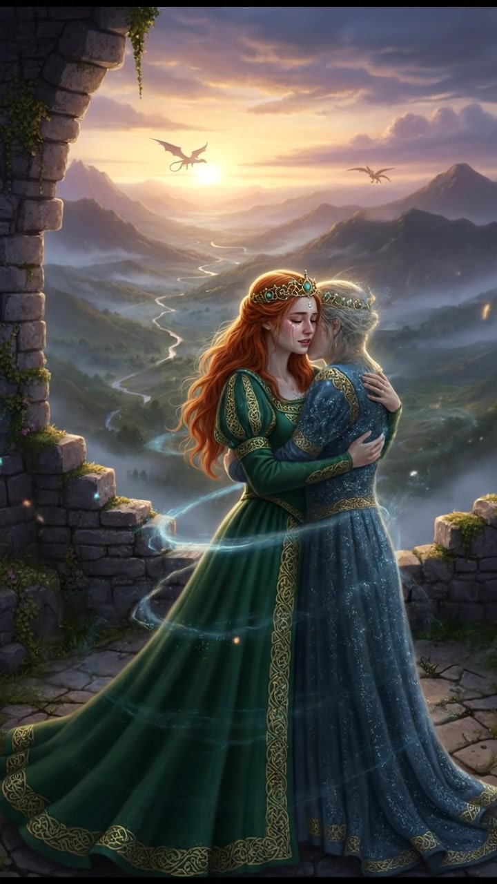 embracing at sunrise as the magic that separated them fades away