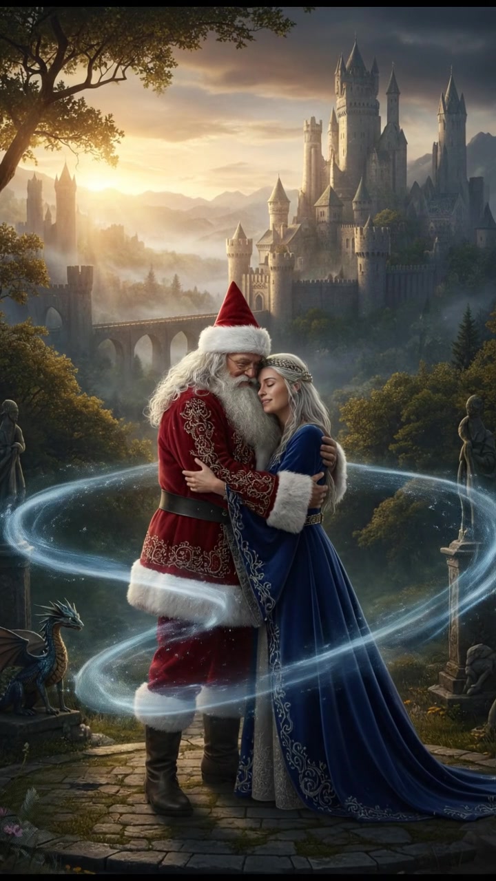 embracing at sunrise as the magic that separated them fades away