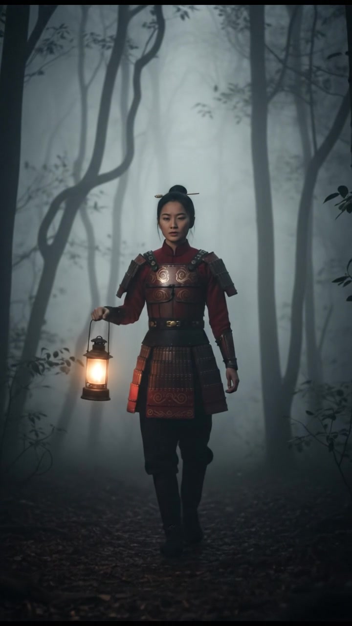 walking alone through a fog-covered forest at night, faint lantern light revealing eerie silhouettes