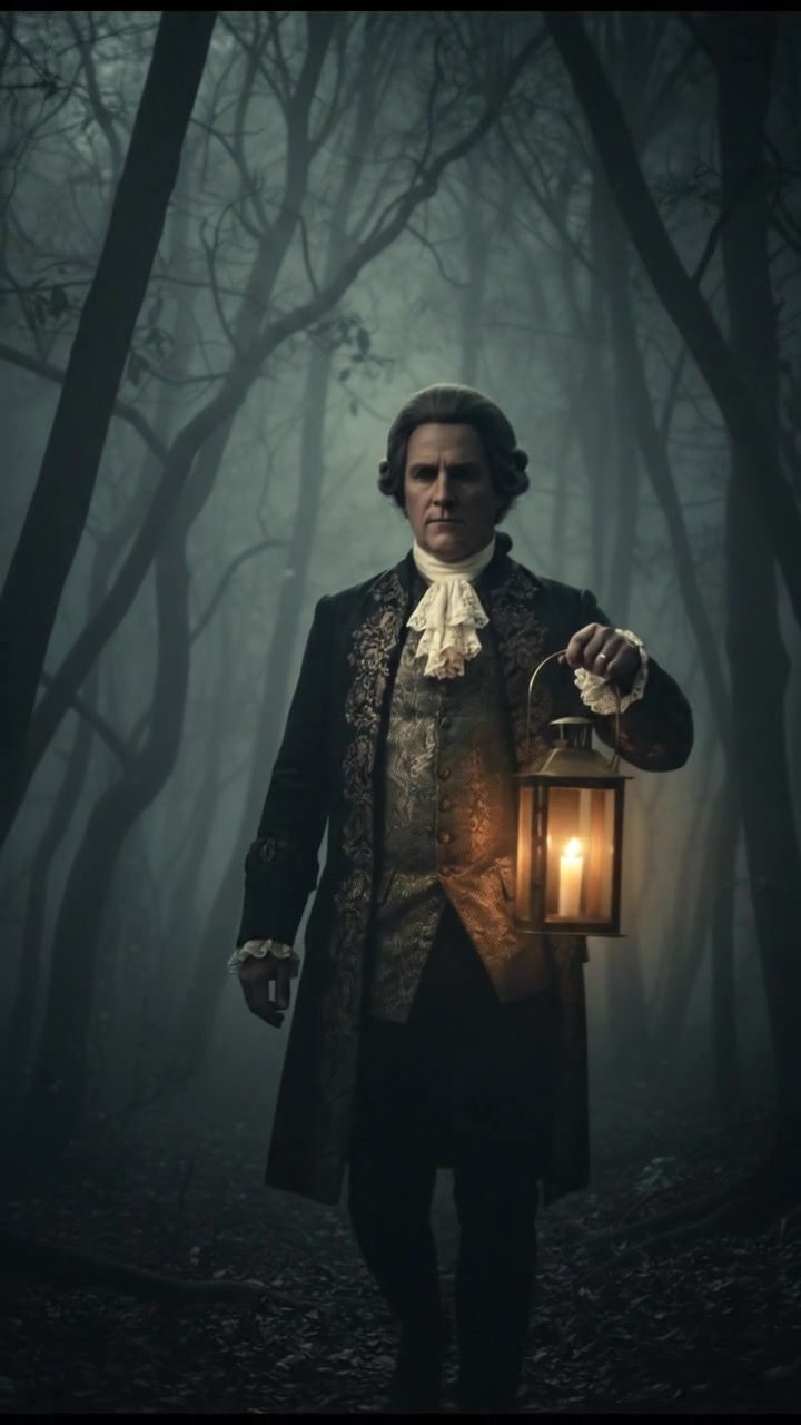 walking alone through a fog-covered forest at night, faint lantern light revealing eerie silhouettes