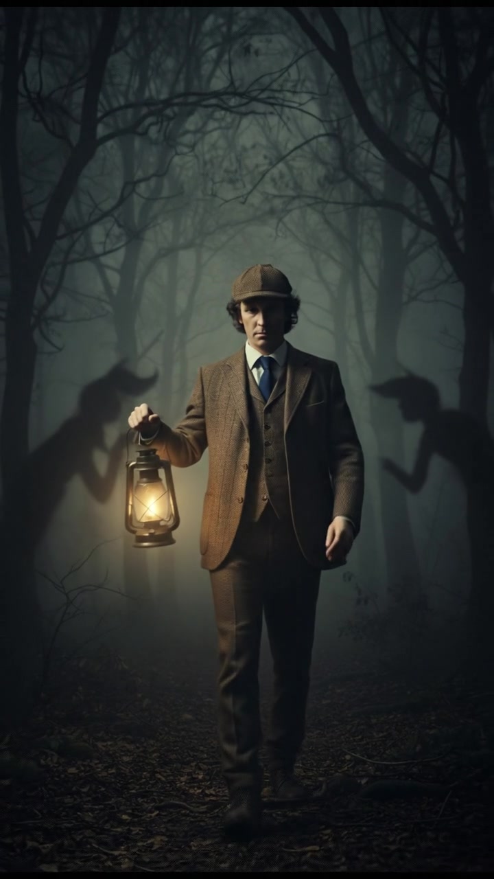 walking alone through a fog-covered forest at night, faint lantern light revealing eerie silhouettes