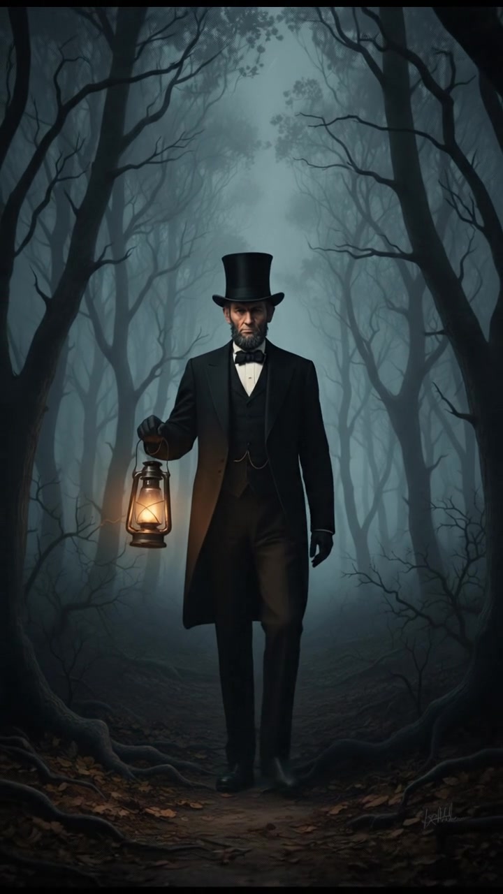 walking alone through a fog-covered forest at night, faint lantern light revealing eerie silhouettes