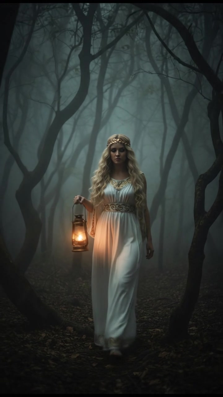 walking alone through a fog-covered forest at night, faint lantern light revealing eerie silhouettes