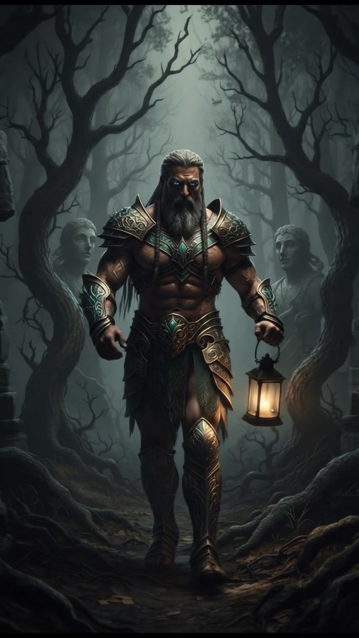 walking alone through a fog-covered forest at night, faint lantern light revealing eerie silhouettes