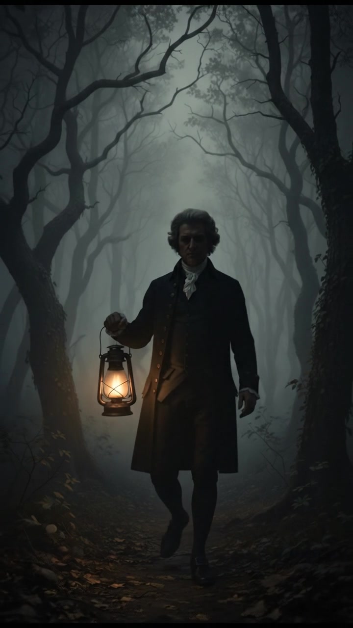 walking alone through a fog-covered forest at night, faint lantern light revealing eerie silhouettes