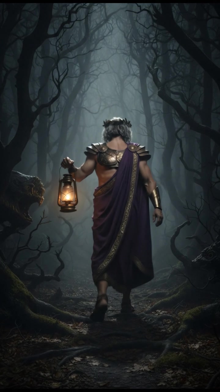 walking alone through a fog-covered forest at night, faint lantern light revealing eerie silhouettes