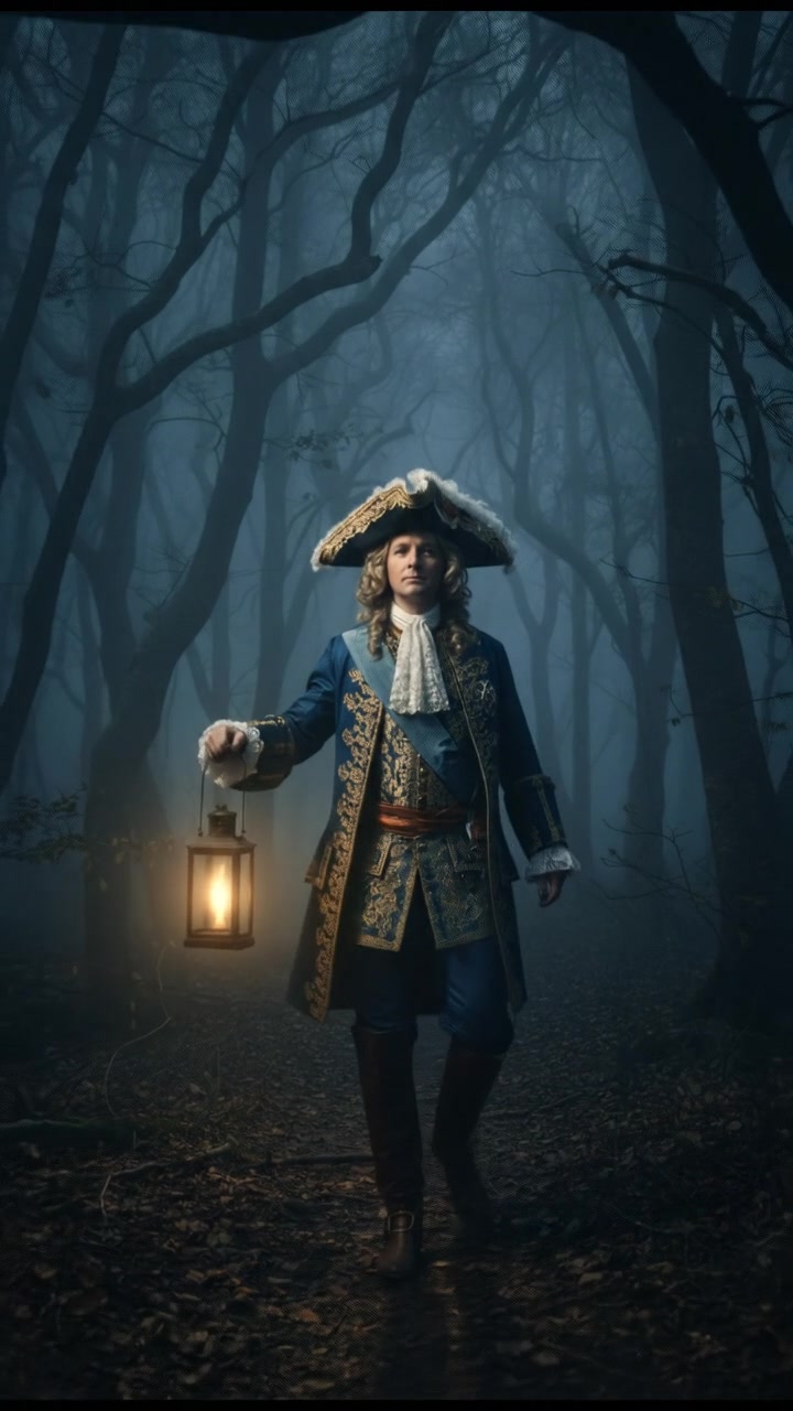 walking alone through a fog-covered forest at night, faint lantern light revealing eerie silhouettes