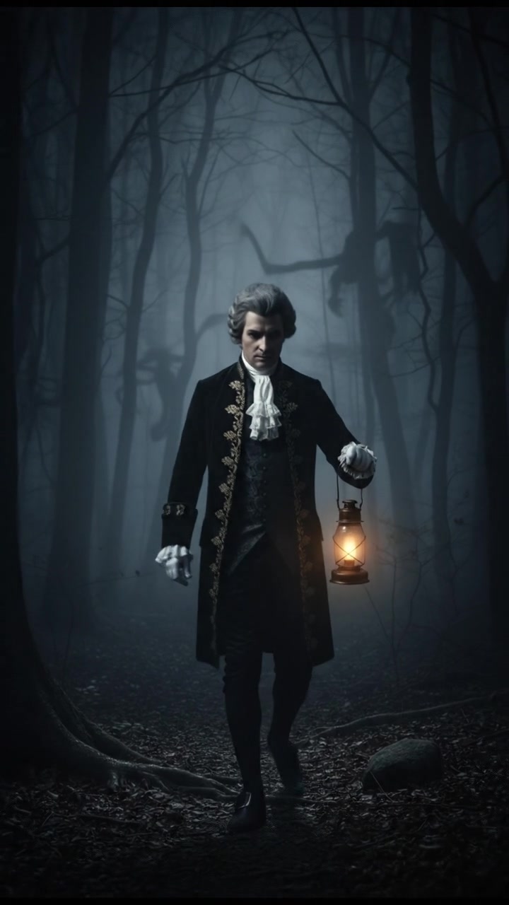 walking alone through a fog-covered forest at night, faint lantern light revealing eerie silhouettes