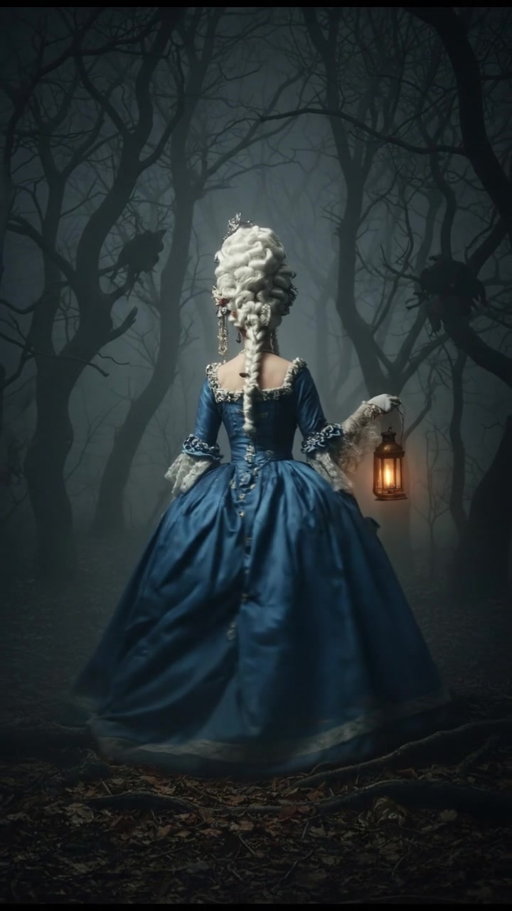 walking alone through a fog-covered forest at night, faint lantern light revealing eerie silhouettes