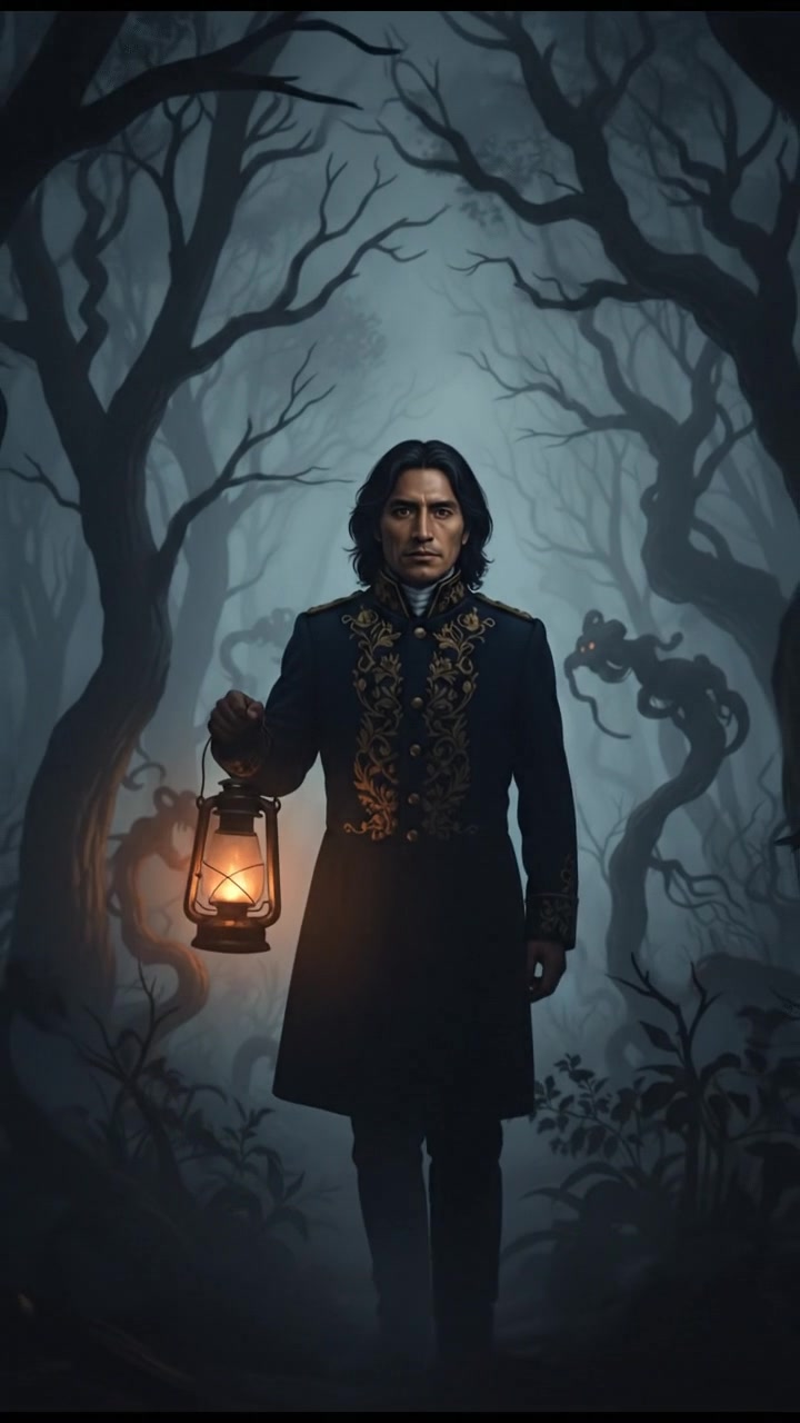 walking alone through a fog-covered forest at night, faint lantern light revealing eerie silhouettes