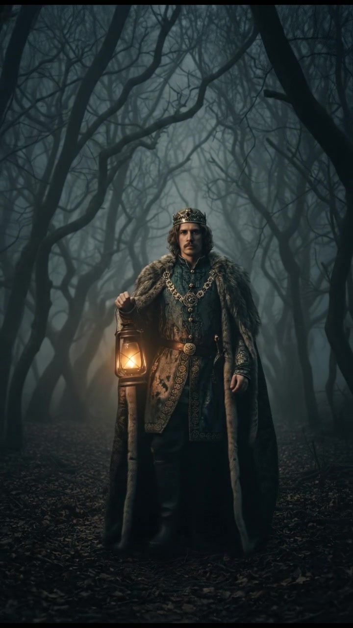 walking alone through a fog-covered forest at night, faint lantern light revealing eerie silhouettes