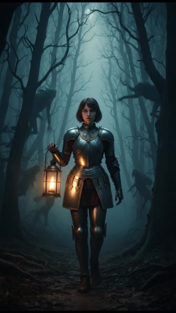 walking alone through a fog-covered forest at night, faint lantern light revealing eerie silhouettes